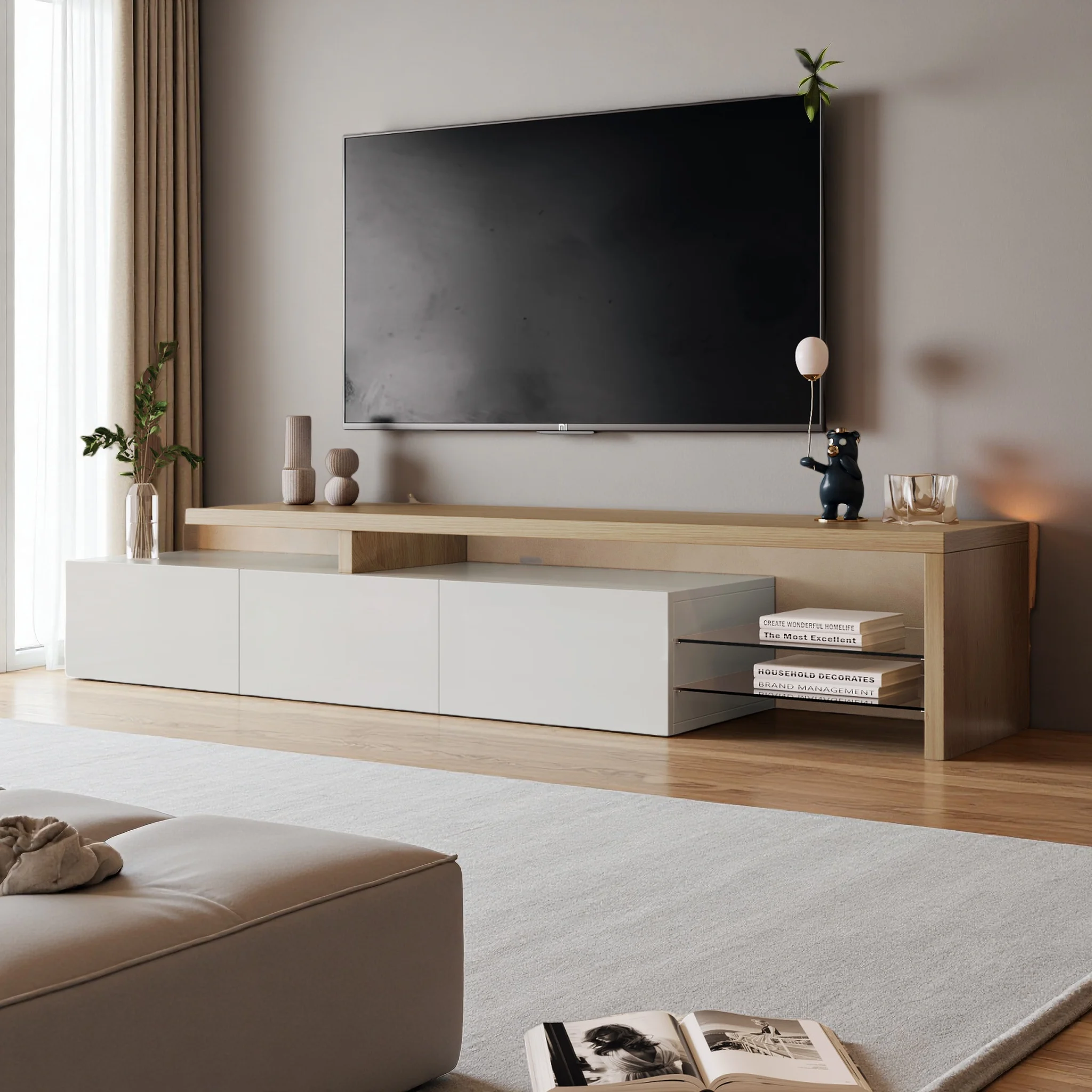 Rosahqnda Mueble de TV Moderno para Salón, Mueble Bajo para TV, Aparador, con LED, 2 Divisiones de Vidrio, 3 Cajones, Blanco Brillante