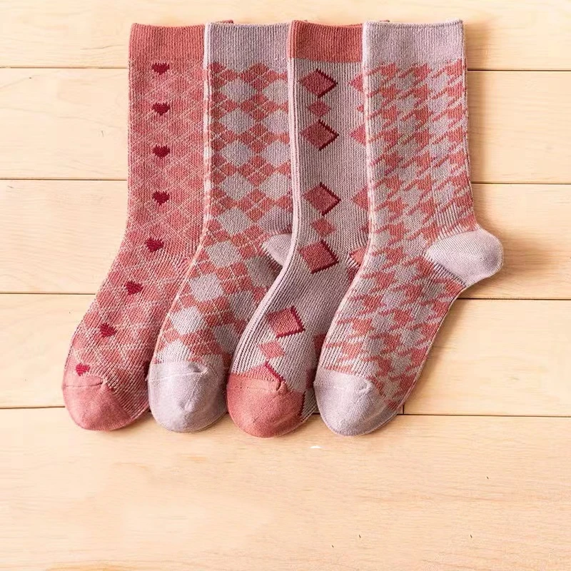 4Pairs/Lot Fashion Pink Series Japanese Designer Women Sock Double Needle Knitted Cotton Socks