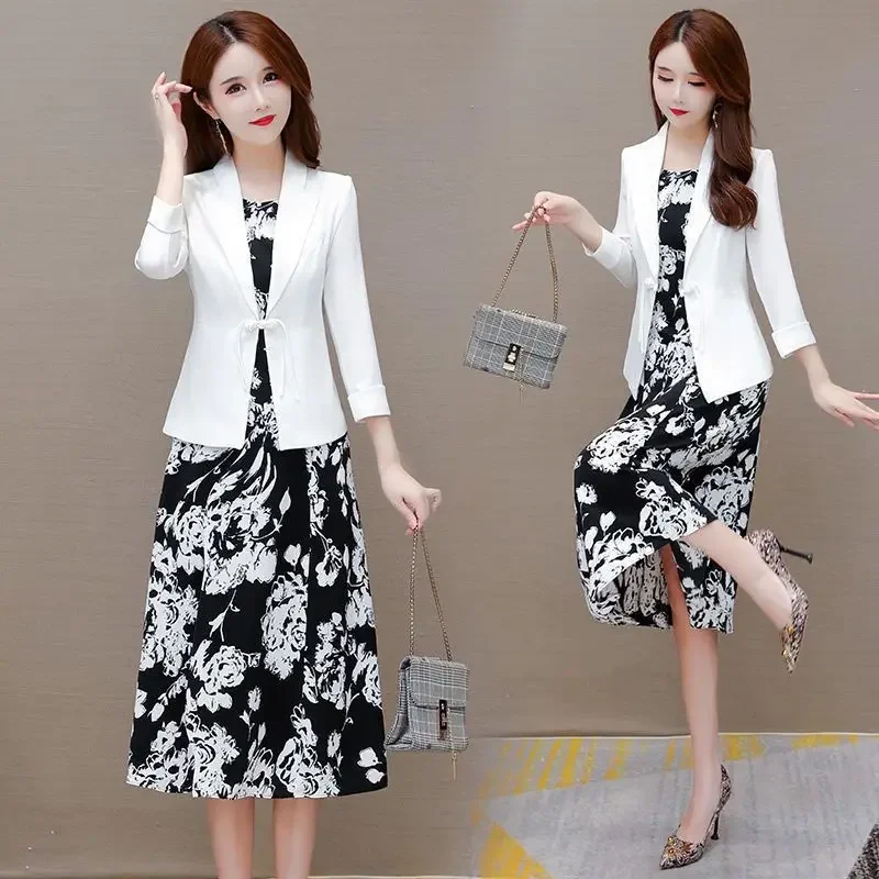 Women\'s 2024 Spring/Summer New In Matching Set Korean Elegant Thin Suit Coat+floral Dress Two-piece Female Professional Wear