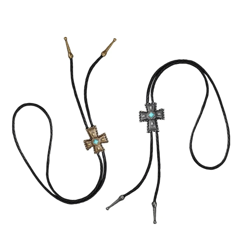Fashionable Turquoises Crosses Bolo Tie Motorcycle Enthusiasts Leather Necktie