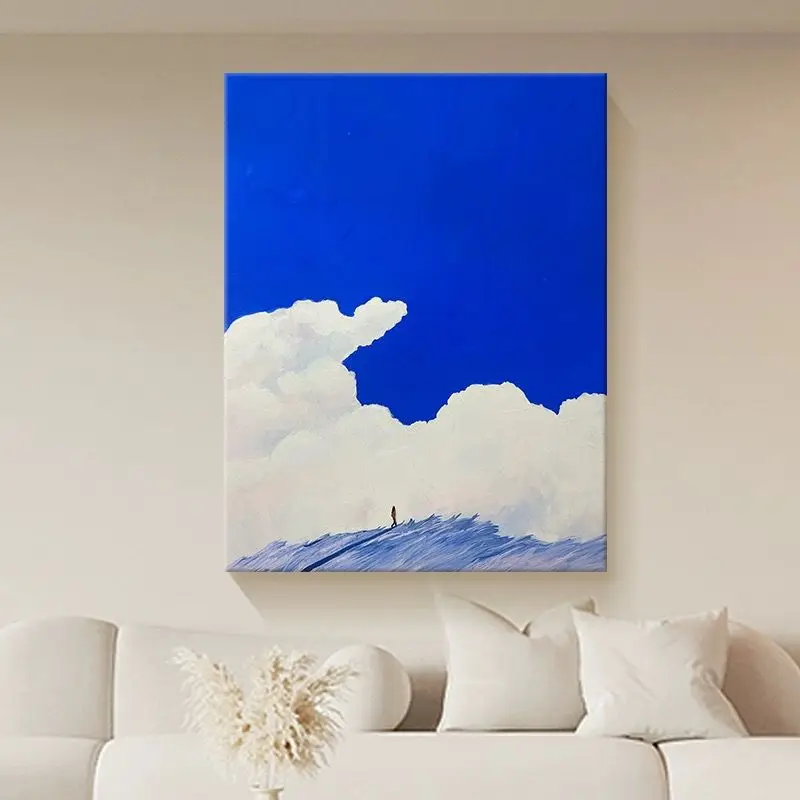 Nordic Abstract Blue Sky and White Cloud Living Room Hanging Paintings Handmade Oil Painting Living Dining Room Sofa Background