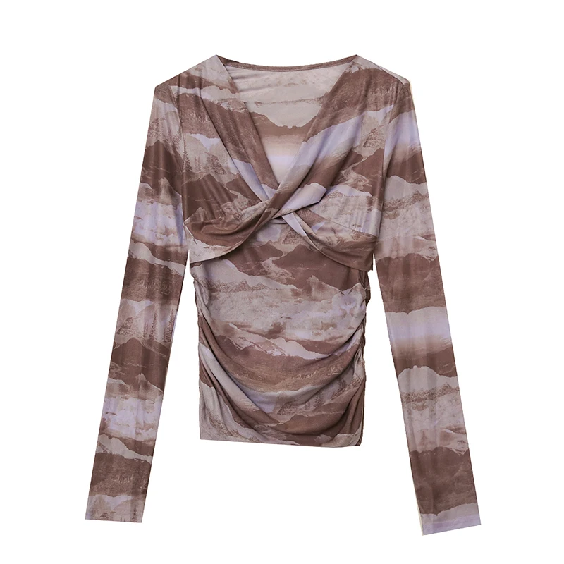 MadBlack European Clothes magliette donna Sexy scollo a V Cross Over Print Slim Mesh Top manica lunga Tee autunno primavera nuovo T38431JC