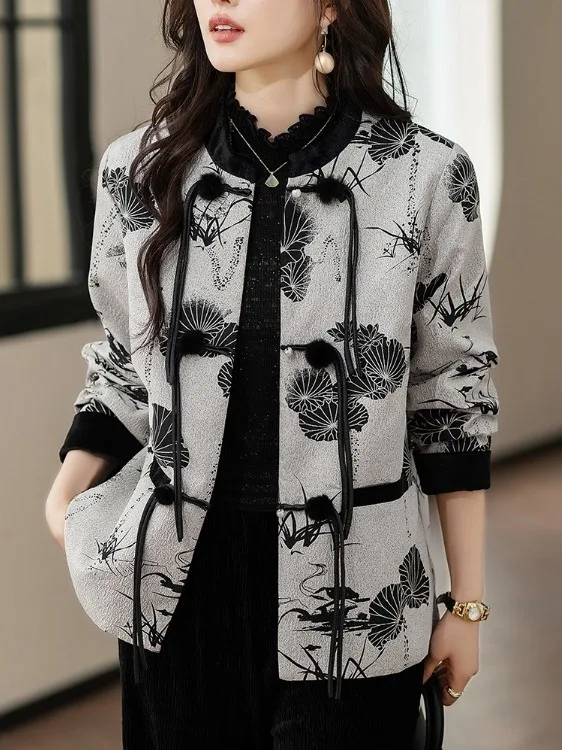 

Casual Loose ort Jaet Women's Autumn Winter New Chinese Sle Loose Tang Costume Top Women's Long Sve Stand Collar Coat