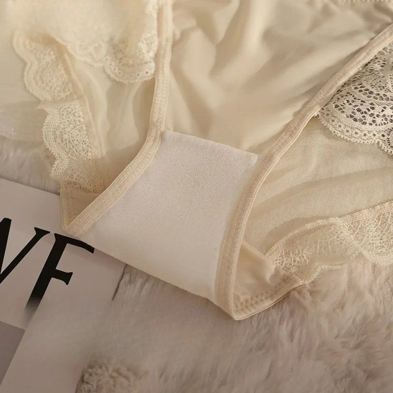 10A Bacteriostatic French Medium and High Waist Lace Panties Belly Women's Briefs Sexy Extended Crotch High-end Satin Underwear