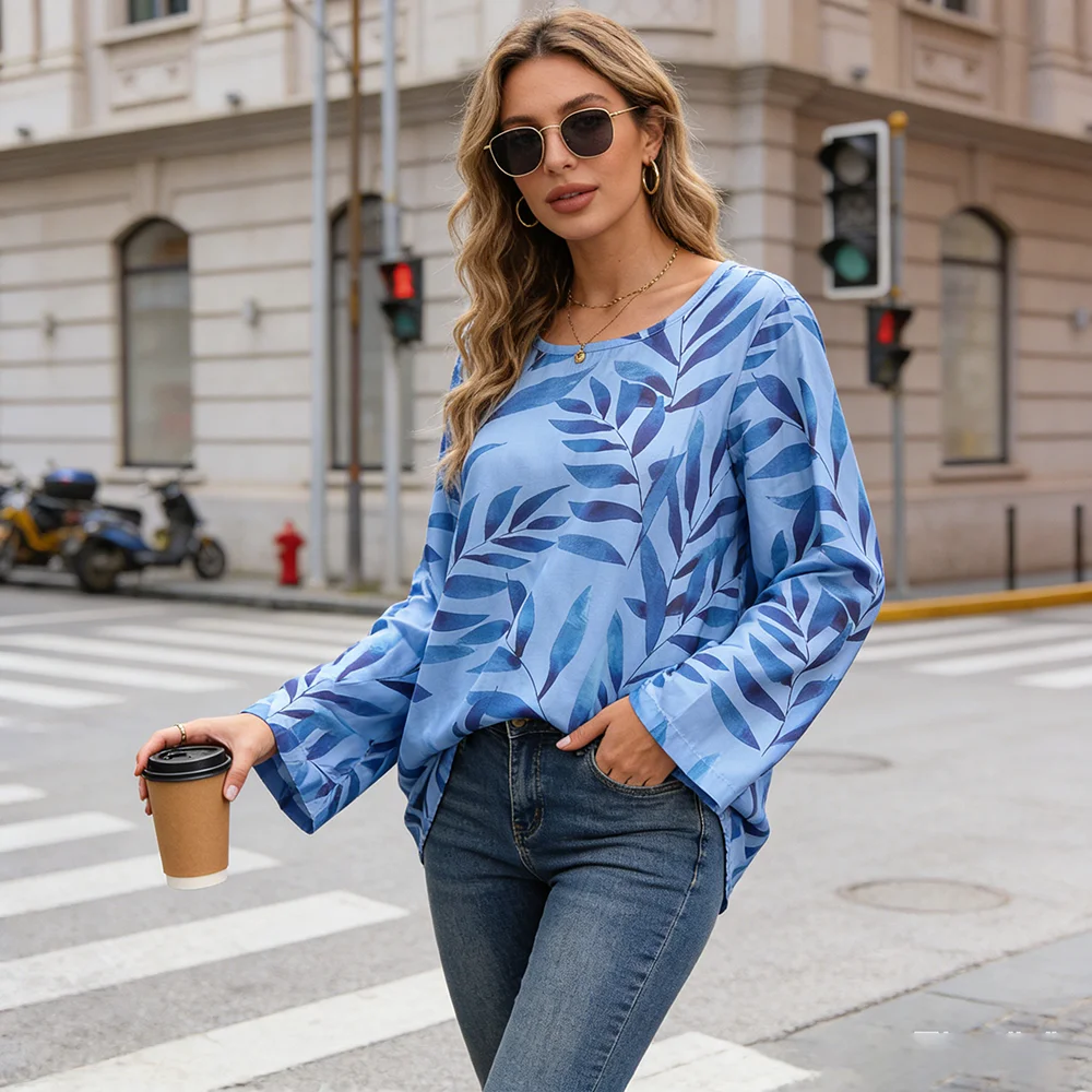 Women's Light Blue Leaf Print Long Sleeve Blouse – Casual & Breathable for Everyday Wear