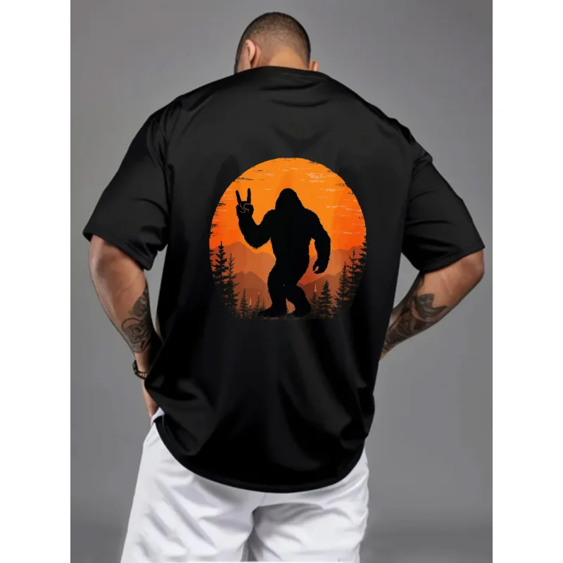 تي شيرت رجالي أسود Bigfoot Silhouette Sunset Forest Print قطن عالي الجودة 180 جرام