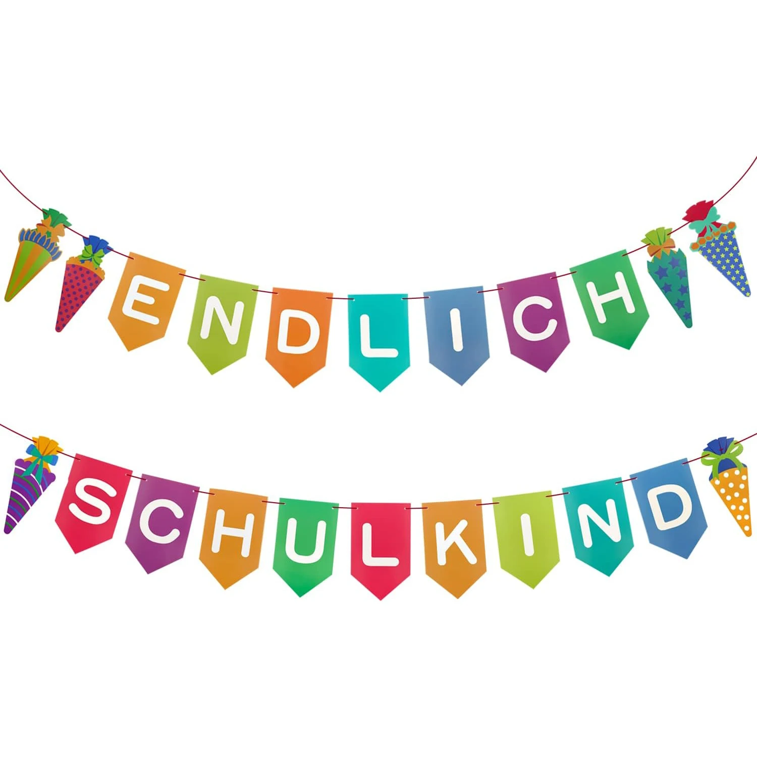 Endlich Schulkind – Bunte Wimpelkette mit Zuckertüten Motiv – 3m Deko Banner für Schuleinführung, Einschulung & Schulanfang –