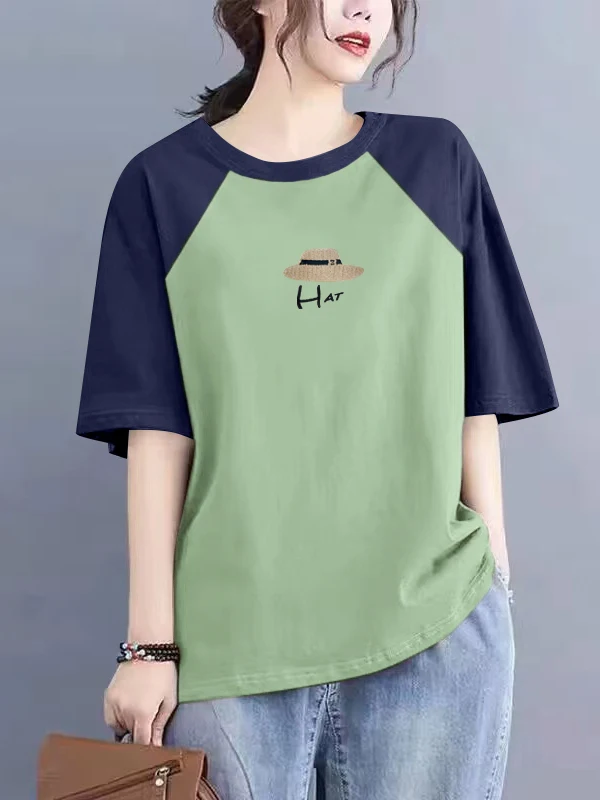 เสื้อยืดผ้าฝ้ายพิมพ์ลายสำหรับผู้หญิงไซส์ใหญ่ แฟชั่นฤดูร้อน ตัดป้าย กระดุมผ้าฝ้ายแท้ ทรงกลม แขนสั้น สไตล์เกาหลี