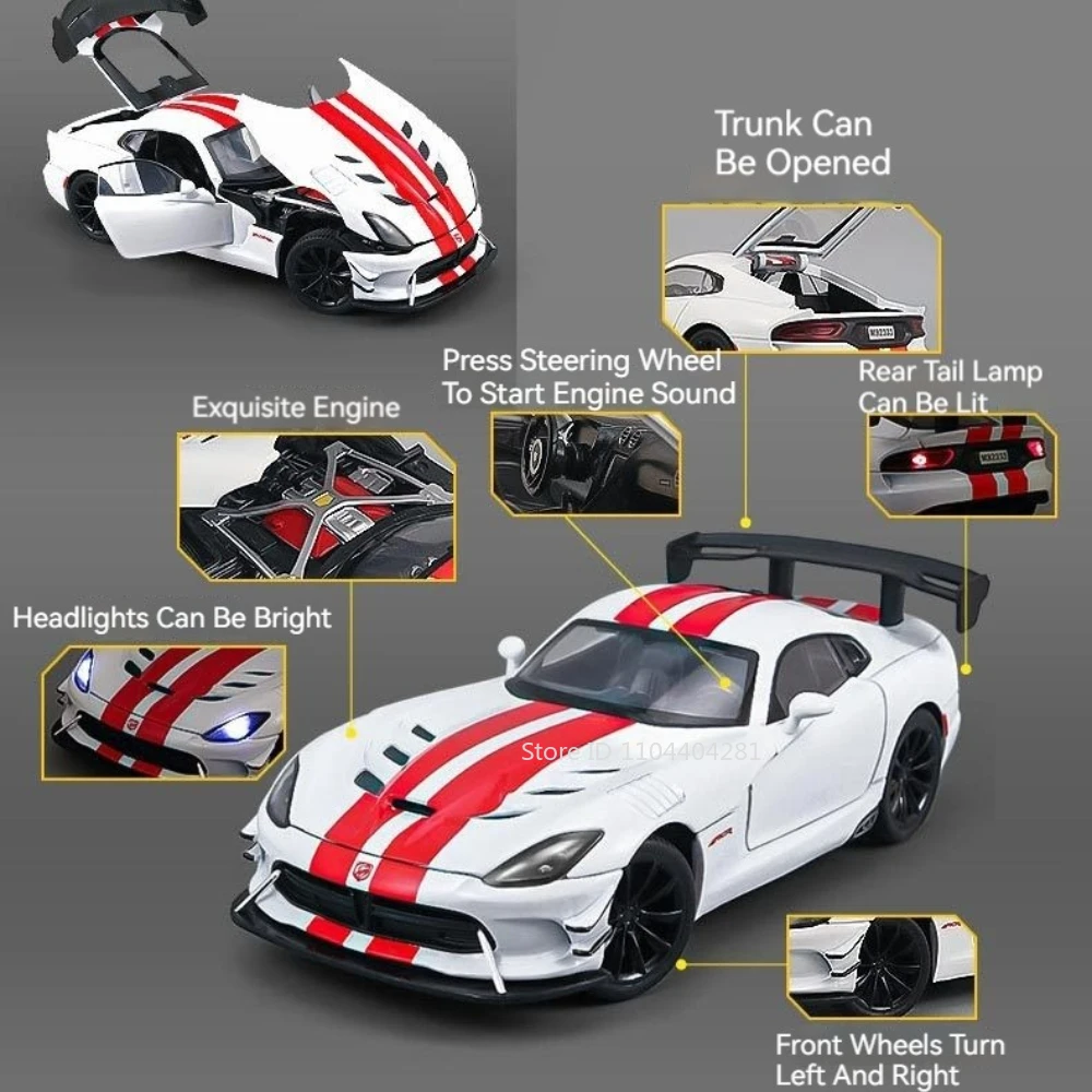 1:24 Viper Charger Diecast Wykwintny Model Auta ze Stopu Metalu, Zabawka z Dźwiękiem i Światłem, Napęd na Sprężynę, Otwierane Drzwi, Samochód Sportowy, Prezent Urodzinowy dla Chłopca