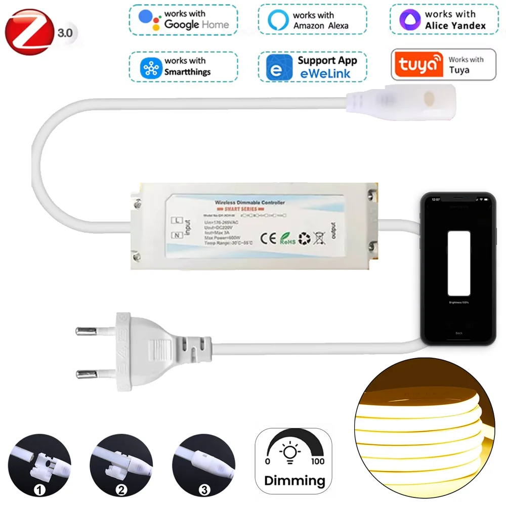 Zigbee 3.0 Tuya WIFI LED Controller 220V 230V COB 3528 Single Color LED Flexible Strip Dimmer Dimmable for Alexa Google EU Plug