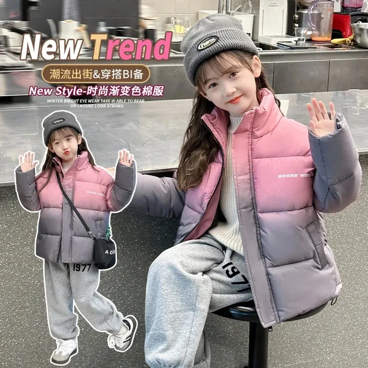 Girls winter winter cotton-padded jacket 2024 new foreign style 5-14 year girl large child padded jacket with stand-up collar