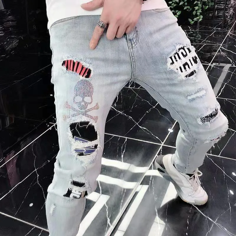 

Y2K Mens Ripped Patchwork Jeans Stretch Slim Fit Trousers Hot Drilling Skull Street Fashion Men Denim Punk Pants Vaqueros Hombre