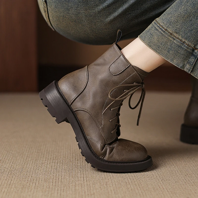 

Women's new leather cowhide round toe retro mid heel handmade plus size lace up zipper and calf short boots fashion boots