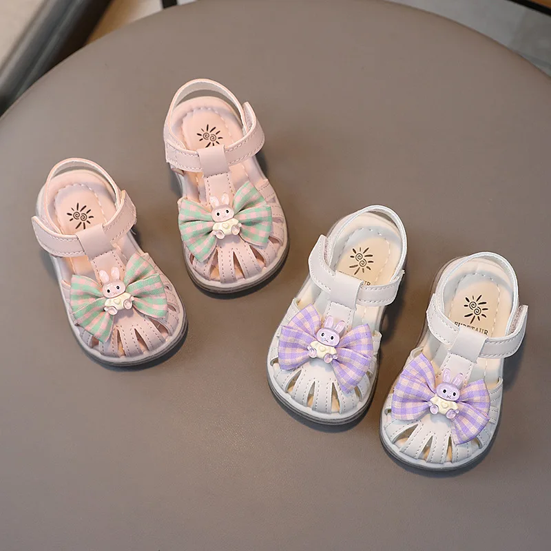 2023 Summer New Baby Girls First Walker Shoes Toes Wrapped Soft Kids Fashion Bow Bunny Cute Non-slip Children Casual Shoes Flat