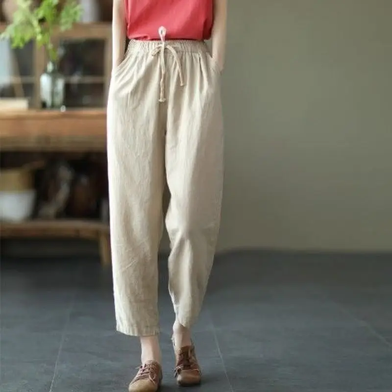 Women Summer Simplicity Loose Cotton and Linen Solid Color Waist Harem Ladies Large Size Casual All-match Trend Cropped Pants