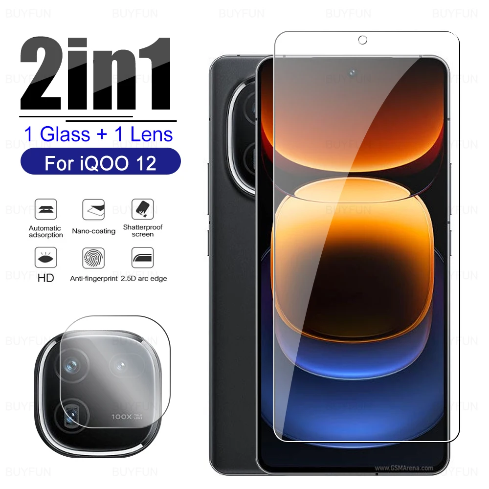 2in1 For Vivo iQOO 12 iQOO12 HD Tempered Glass Screen Protector Camera Lens Protective Film Transparen Front Protection Films