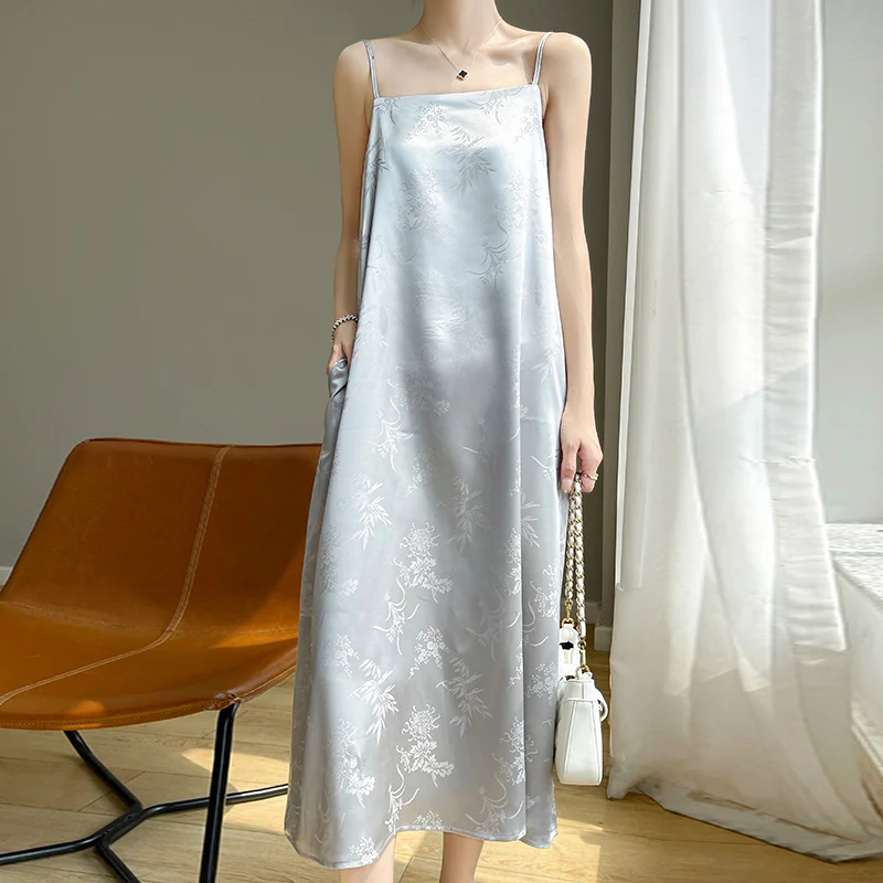 Elegant Women Spaghetti Strap Satin Jacquard Dress Spring Summer Sleeveless Long Dresses Solid Color Loose Female Sundress
