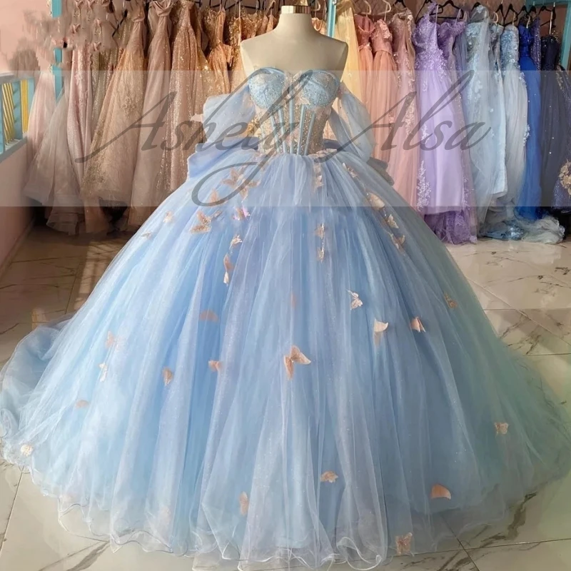 Customized 2025 Mexican Sky Blue 15 Year Old Girl Birthday Party Dress Illusion Butterfly Puffy Skirt Sweet 16 Quinceanera 14