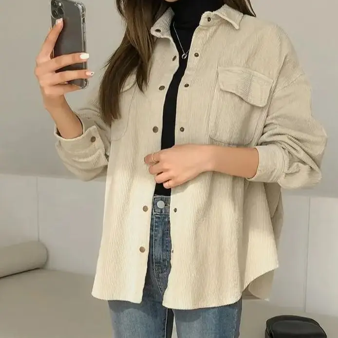 

Corduroy Jackets Shirt Women Vintage Korean Style Fall Solid Coats Single Breasted Button Up Long Sleeve Loose Streetwear