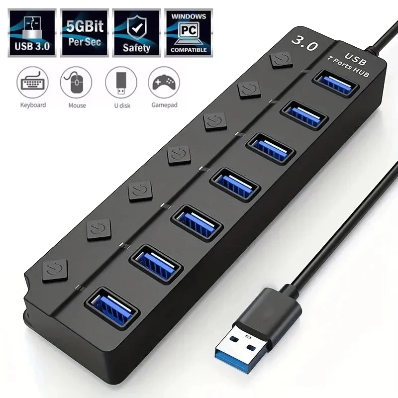 

7 в 1 USB 3.0-концентратор, 4 порта, высокоскоростной, 5 Гбит/с, мульти-сплиттер, адаптер питания для MacBook Pro Air, ноутбуков, аксессуары для ПК