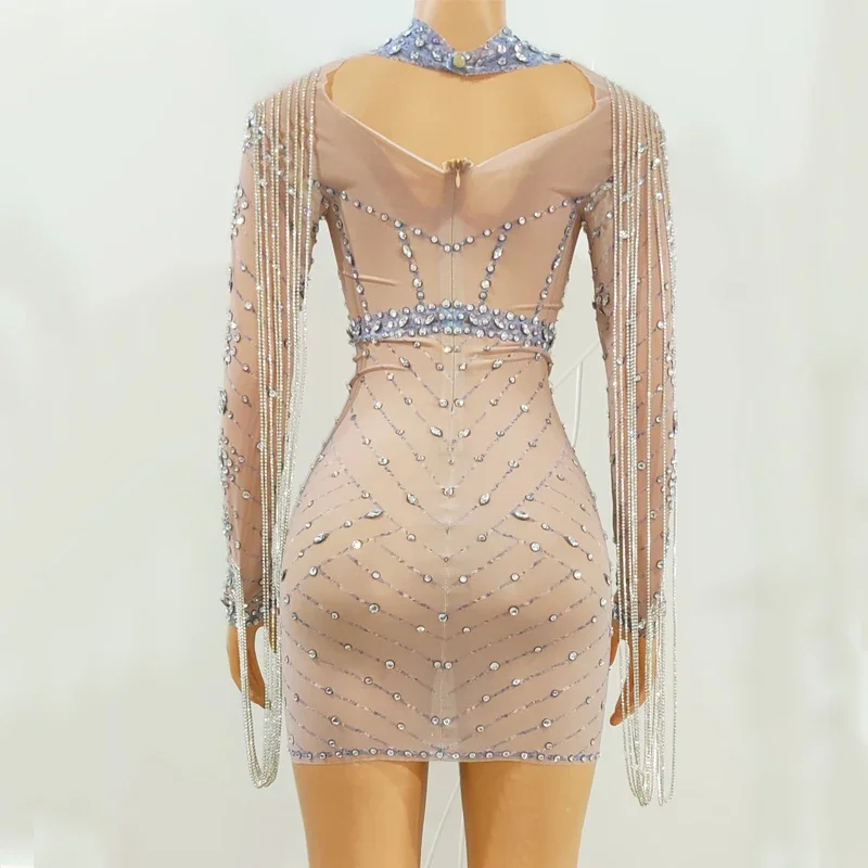 Nowa Sukienka z Frędzlami na Rękawach, Cyrkoniami, Damska Sukienka na Imprezę, Kostium na Świętowanie, Wieczorowa Sukienka na Bal, Strój Sceniczny dla Piosenkarki, na Festiwal, XS7023