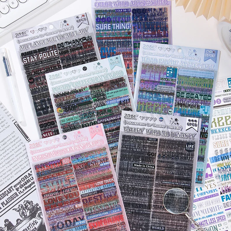 6Pcs Large Size English Words Phrase Stickers Vintage Text Quote Decor Stickers For DIY Scrapbook Journal Album Craft Supplies