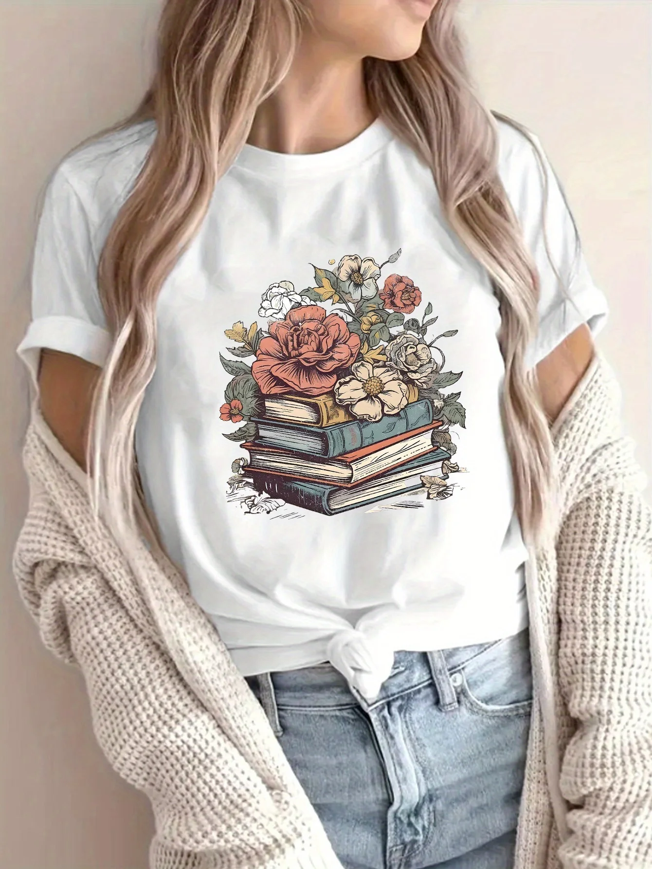 Floral Books Women's Tee - Boho Graphic, Casual Dark Gray Top