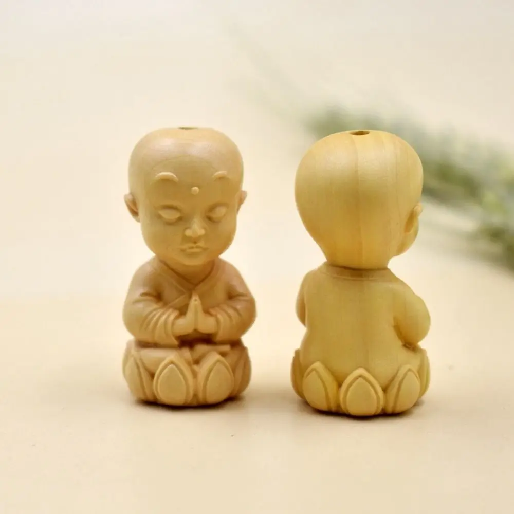 Small Cute Home Decor DIY Boxwood Carved Handicraft Little Monk Figurines Buddha Statue Car Ornament Key Chain Pendant