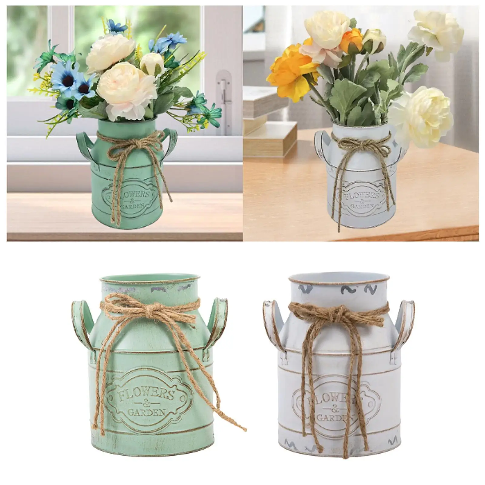 Shabby Chic Vase Vintage Metal Bucket Rustic French Country Jug for Living Room Patio Office Dried Floral Arrangements Country