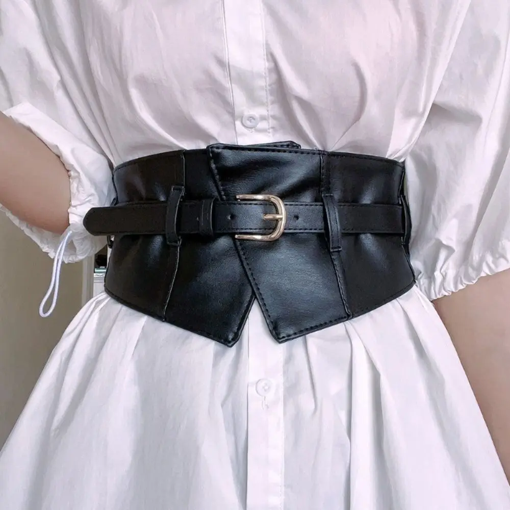 Elegant Adjustable Elastic Cummerbunds Black PU Leather Wide Belt Solid Color Slimming Waist Corset Dress