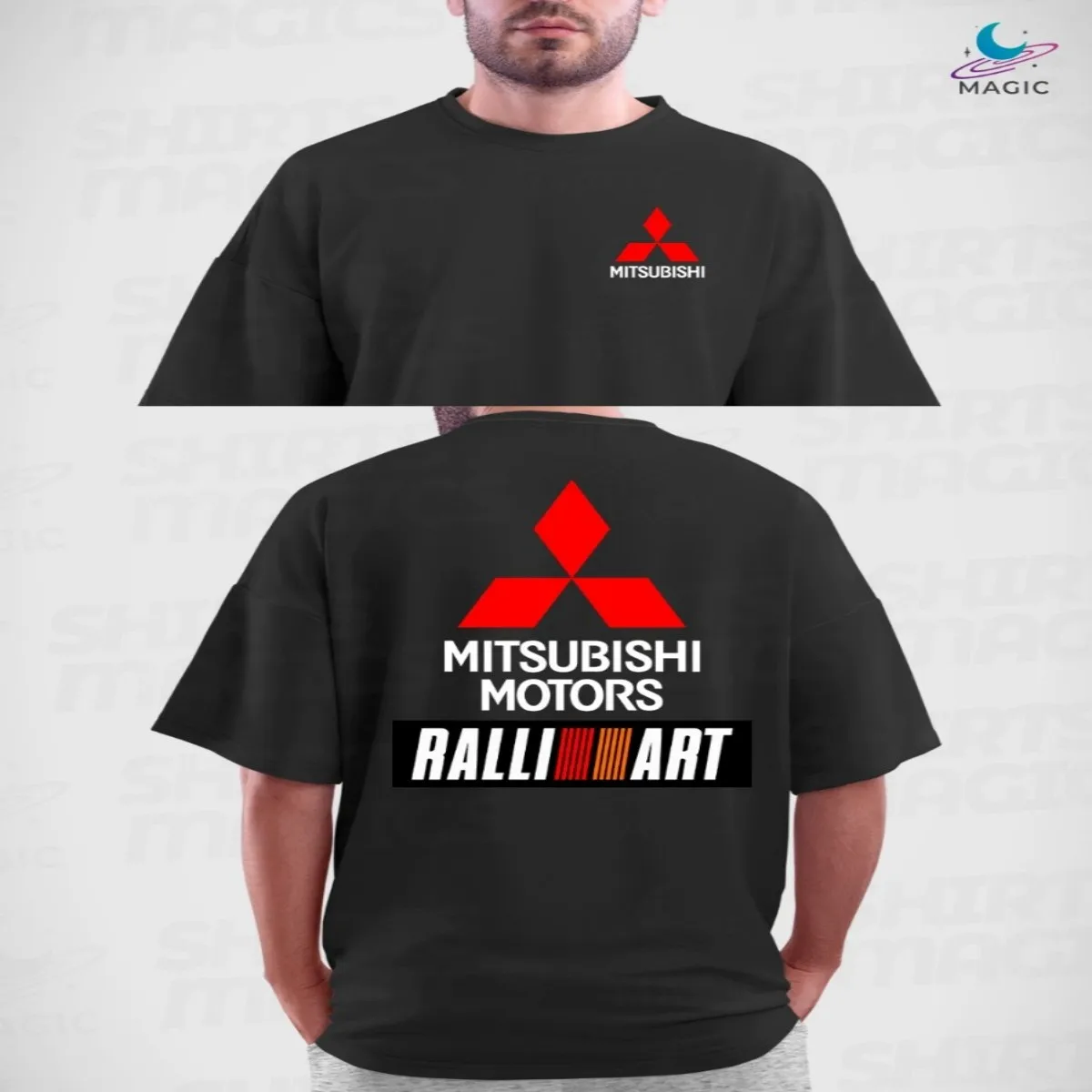 Image of Mitsubishi Ralliart T-Shirt, Grafikdesign auf Vorder- und Rückseite, Unisex, 100 % Baumwolle – Magic Racing