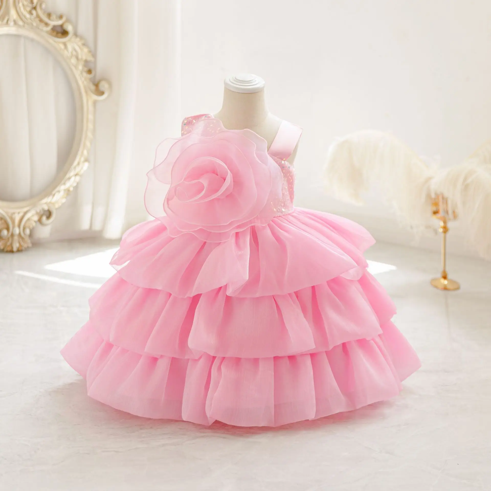 Baby Girls' Party Dress with Flowers Layered Kid Girl Holiday Dresses Ball Gown Sling
