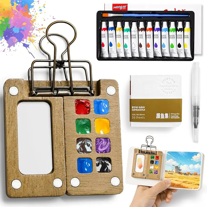 24/12 Colors Mini Watercolor Paint Set with Nano Palette & Sketchbook Portable Travel Art Supplies, Pre-Coded Brushes