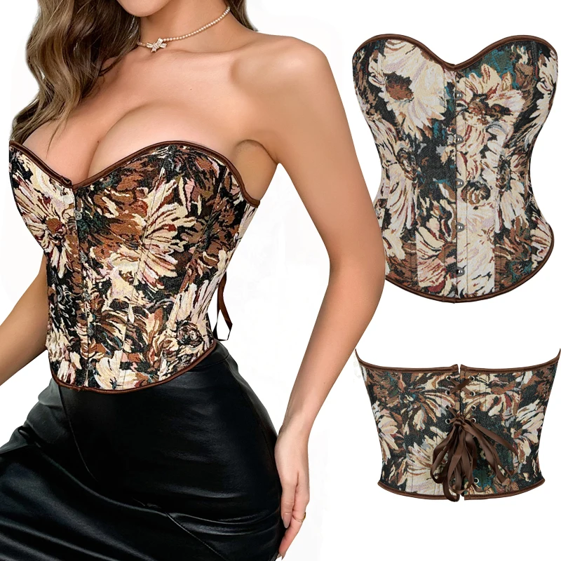 

Sexy Vintage Style Monet Oil Paint Boned Corset Overbust Body Shaper Waist Trainer Bustier Lingerie Bodyshaper Top Corsets Top