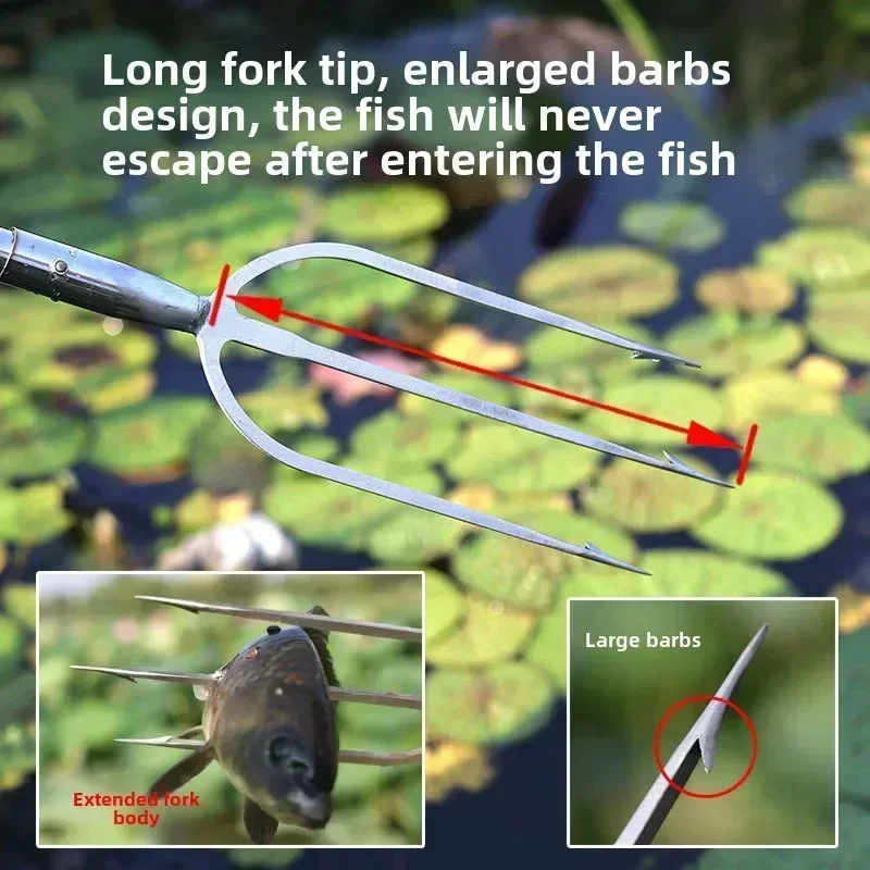 Outdoor chrome steel fishing fork, rust free, extendable stainless steel handle with thick barbed fork, turtle fishing tool