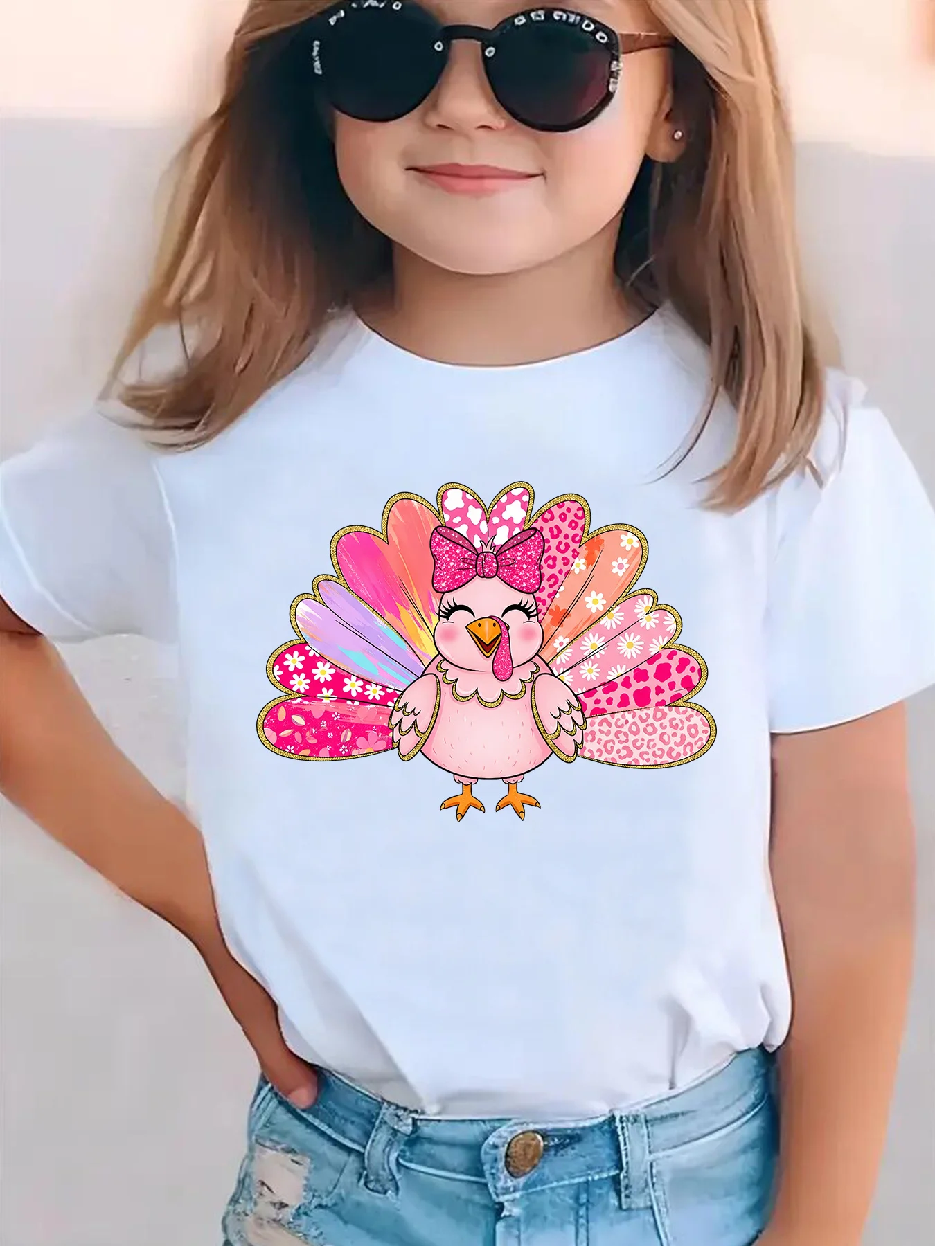 الفتيات قصيرة الأكمام تي شيرت عيد الشكر الوردي تركيا واليقطين طباعة عارضة أعلى الكرتون تركيا الشكر القمصان للفتيات