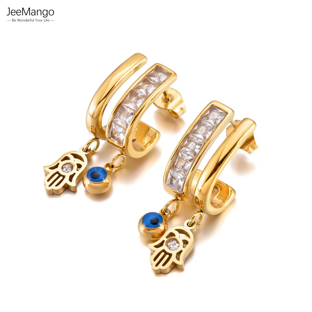 JeeMango Boucles d'oreilles créoles en acier inoxydable, motif œil turc, main de Fatima, œil porte-bonheur creux, avec zircone cubique, pour femme E26055