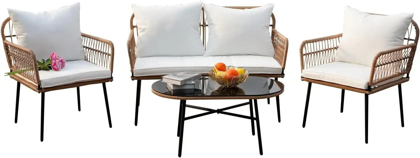 

Outdoor Boho Balcony Furniture Rocking Chairs Set,Wicker Rattan Small Patio Conversation Rocking Chairs and Glass Table,