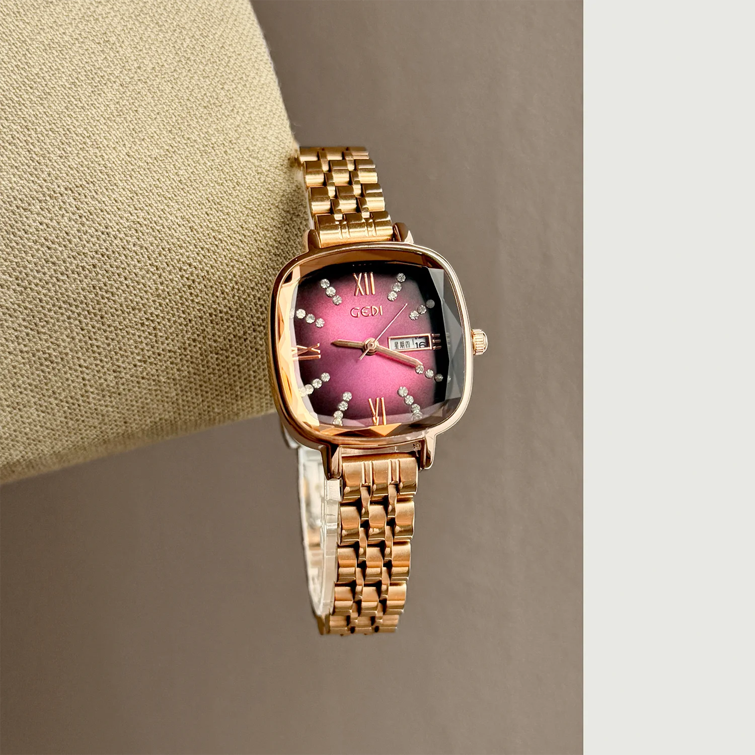 Light Luxury Square Watch for Women Quartz Wristwatch Personalized Dual Day‑Date Dial Roman Numeral Elegant Ladies Female Clock