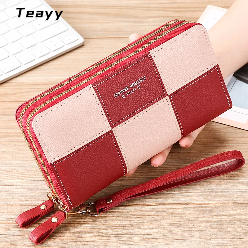 Girls' long hand-held double-zipper wallet, large-capacity mobile phone storage wallet with color contrast and splicing