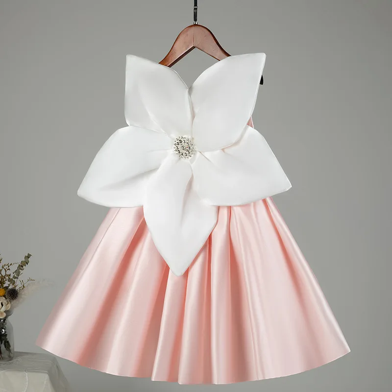 Simples rosa cetim grandes flores vestidos de festa de aniversário curto sem mangas vestidos da menina de flor para casamentos sagrada primeira comunhão