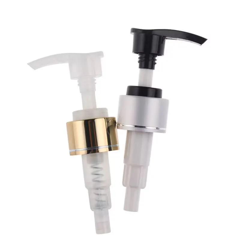 50pcs-24-410-closure-non-spill-lotion-pump-with-matt-silver-gold-aluminum-collar-for-bottle-liquid-soap-pump-cosmetic-dispenser