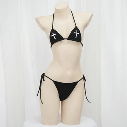 Sexy Bikini 2024 Women Cross Embroidery Split Bathing Suit Underwear Lingerie Goth Swimsuit Low Waist Bikinis Beach Swimwear