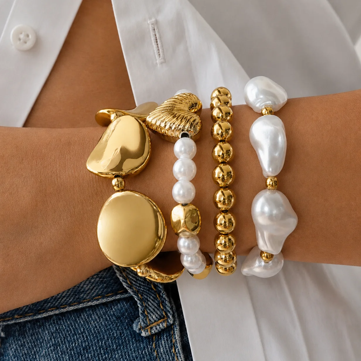 4pcs Irregular Pearls Heart Beaded Bracelet Set for Women Boho Exaggerated Liquid Metal Bangles Trendy Party Jewelry Gifts New