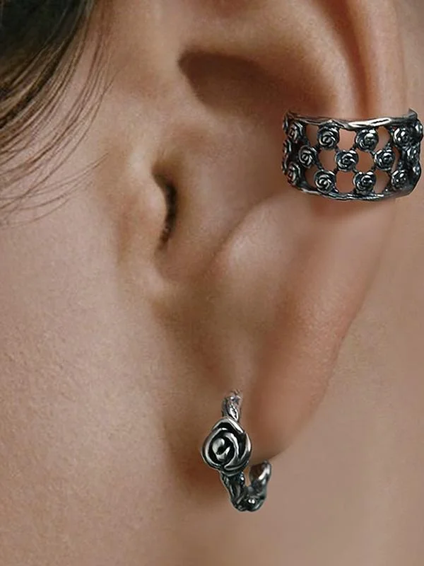 YUKI Rose Design 925 Pure Silver Ear Cuff for Women No Piercing Required Couple Matching Retro Gift Ear Cuff Fashion Jewelry