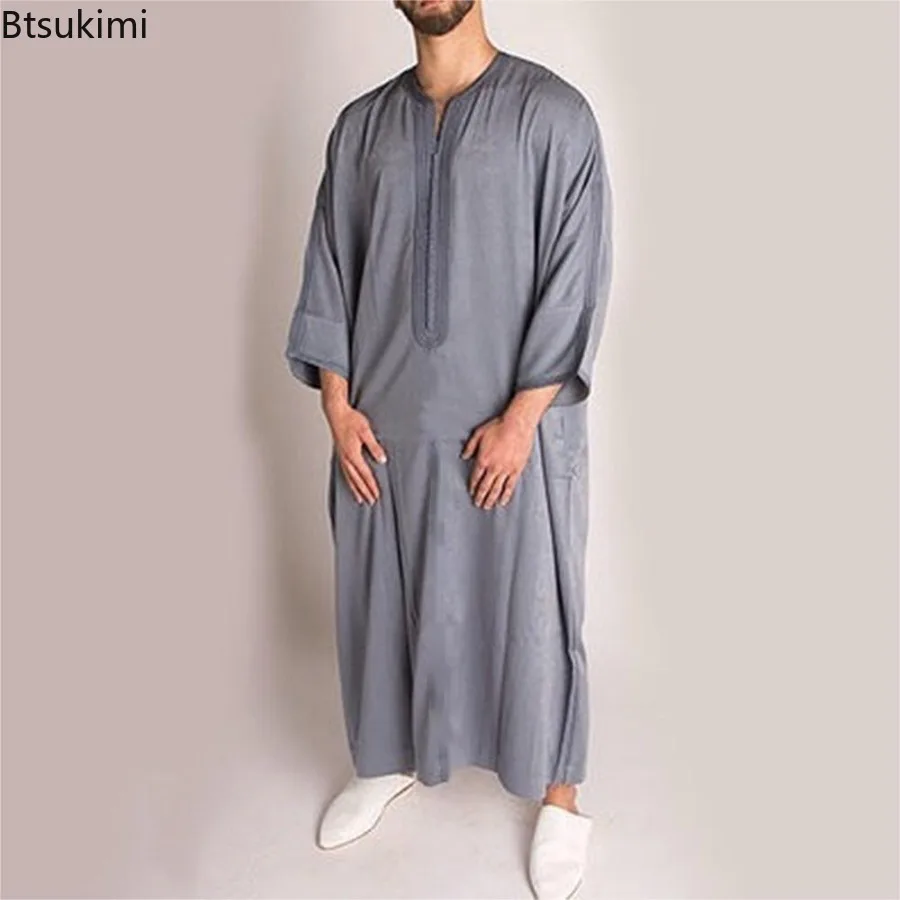 2025 New Kaftan Muslim Men Clothes Moroccan Short Sleeve Robe Ethnic Style Embroidery Loose Casual Robe for Islamic Caftan Homme