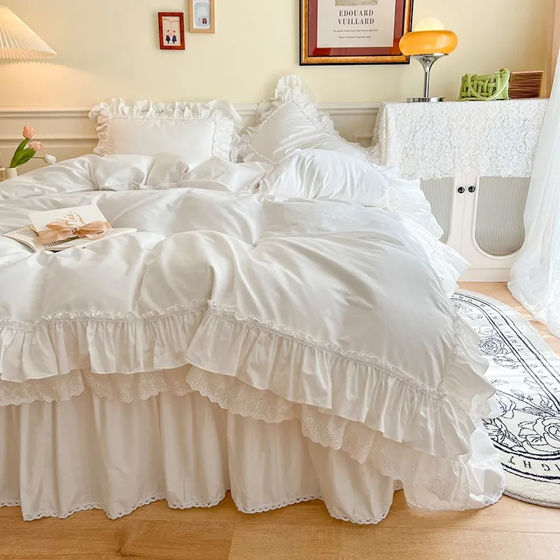 Imagem -03 - Macio e Respirável Premium Algodão Peças Rosa Branco Conjunto de Cama Duplo Plissado Requintado Artesanato Duvet Cover Bedskirt Travesseiro Shams