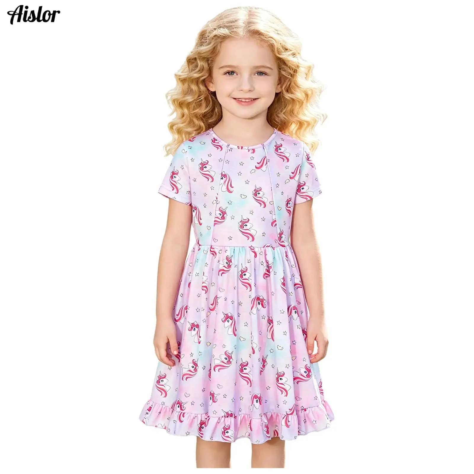 Kids Girls Special Needs Adaptive Printed Ruffle Dress Short Sleeve Front Invisible Zipper Chest Treatment Patient Nursing Gown
