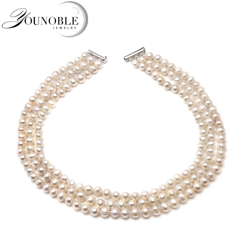 Wedding Natural Freshwater Round Multilayer Pearl Necklace Women,White Choker 925 Silver Necklace Fine Jewelry Anniversary Gift