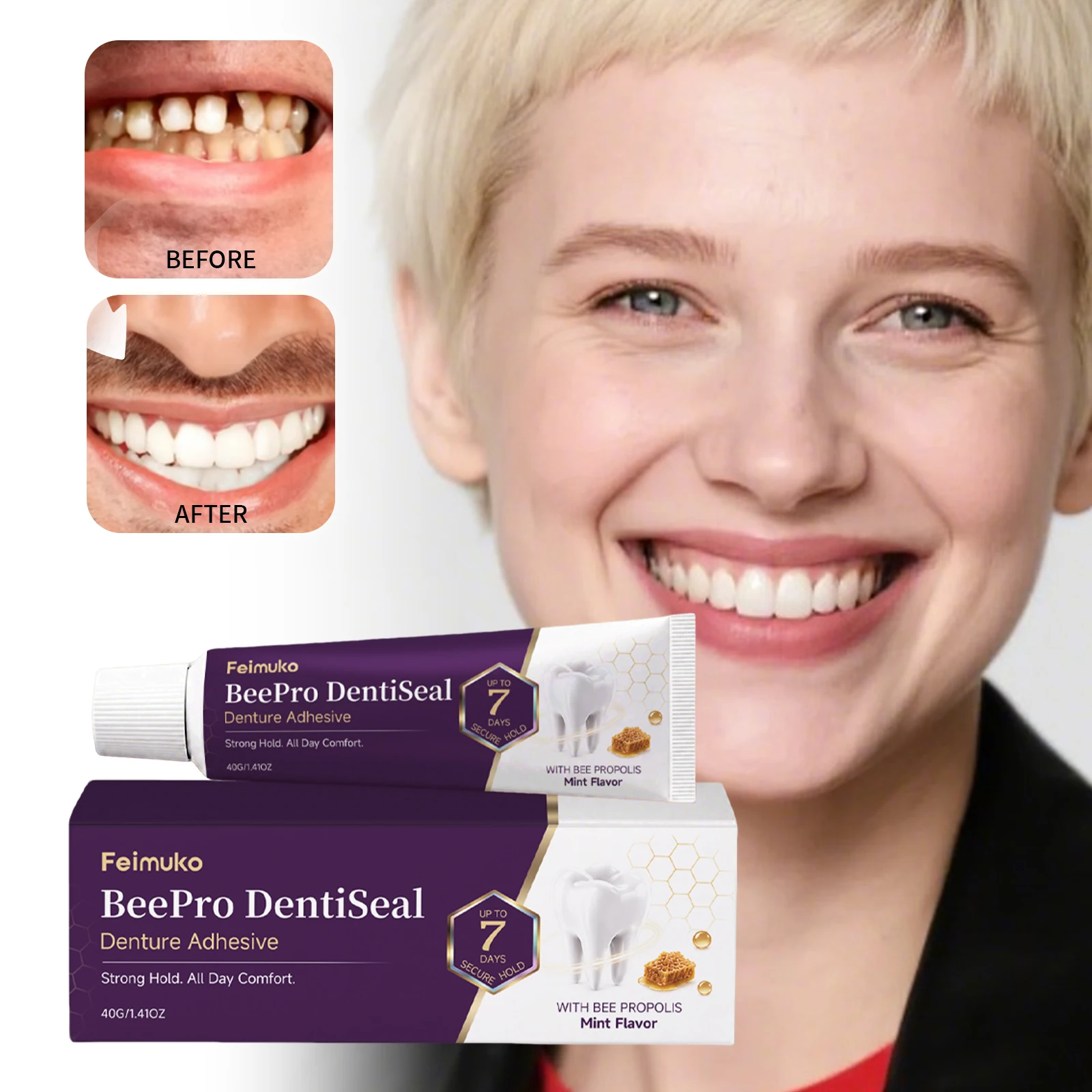 40g Feimuko BeePro DentiSeal Denture Adhesive--Strong Hold For Dentures Long-Lasting Stability Comfort Security Teeth Adhesive